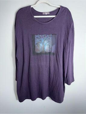 Blue Fish Cotton Long Sleeve Tunic-Hand Printed-Plum Purple Tree Graphic-Size 2